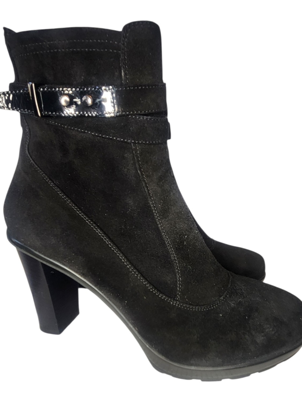 AQUATALIA WOMEN BLACK SUEDE HIGH HEEL ANKLE BOOTS SIDE ZIPPER BUCKLE SZ 11 EUC
